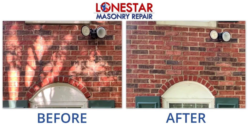 Before and after cracked mortar repair around windows on a brick home