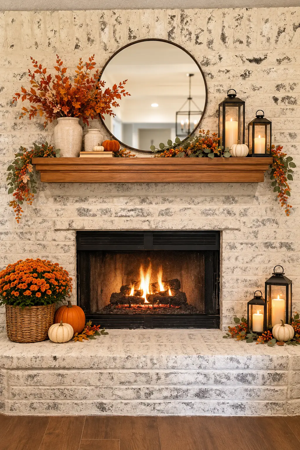Fall fireplace makeover with white brick, wood mantel and seasonal decor