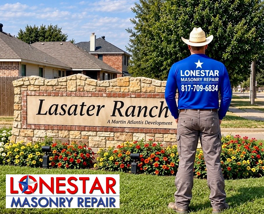 Lonestar Masonry Repair at the Lasater Ranch neighborhood entrance featuring a brick and stone HOA monument in Fort Worth, Texas.